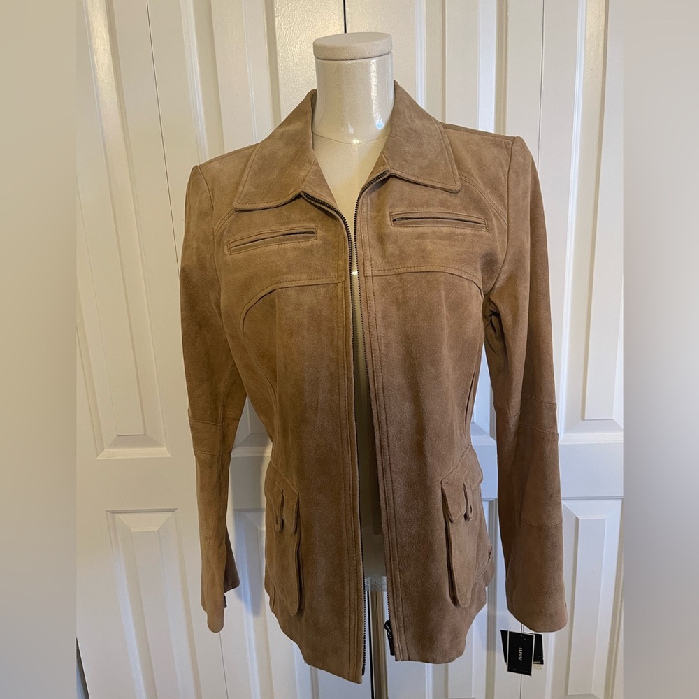 NWT, ALFANI, Women's Tan Suede  Fitted Zip-Front Jacket, Size L